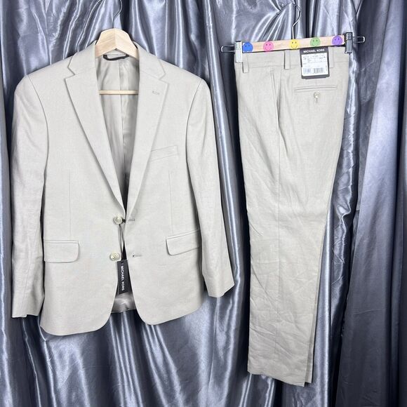 Michael Kors Big Boys 2 Piece Suit 10R / 25” Waist Beige Tan Linen Classic Fit - Picture 1 of 17